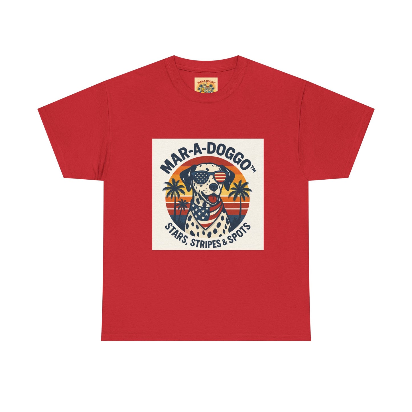Mar-A-Doggo Retro Graphic Tee — Stars, Stripes & Spots Dog Lover T-Shirt