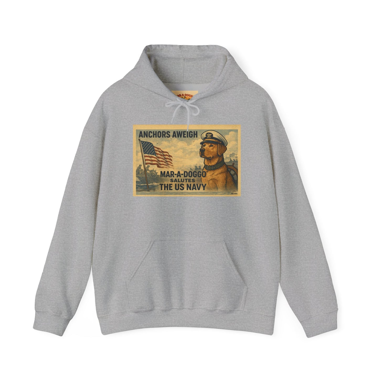 Navy Vintage 'Anchors Aweigh' Hoodie — 'Mar-A-Doggo' Retro Military Pet Design