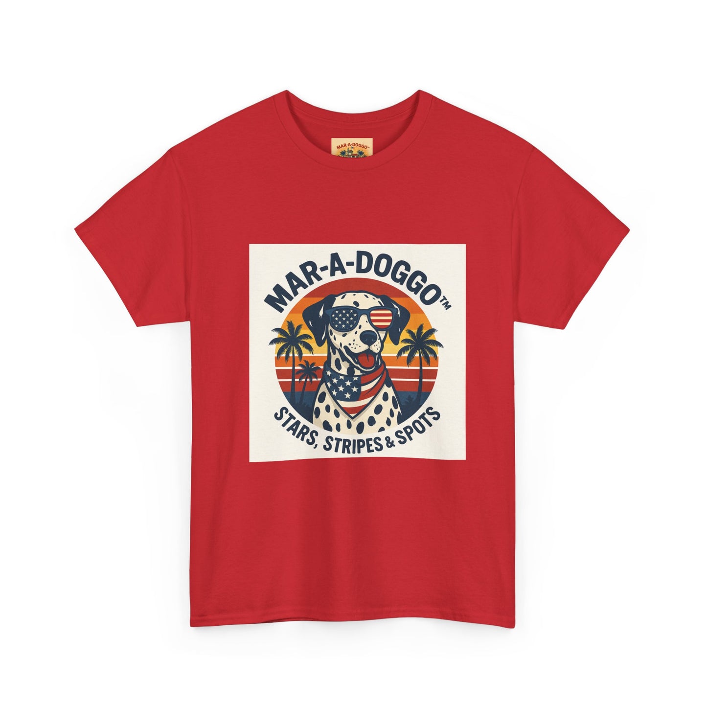 Mar-A-Doggo Retro Graphic Tee — Stars, Stripes & Spots Dog Lover T-Shirt