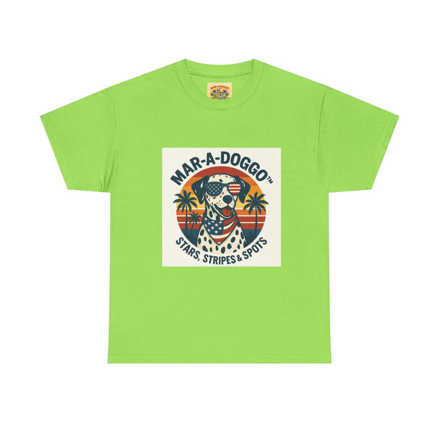 Mar-A-Doggo Retro Graphic Tee — Stars, Stripes & Spots Dog Lover T-Shirt