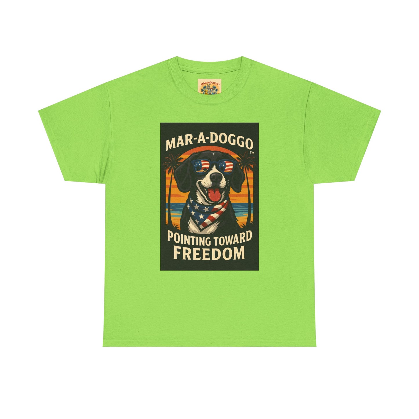 Mar-a-Doggo Tee — Patriotic Dog Graphic T-Shirt (Pointing Toward Freedom)