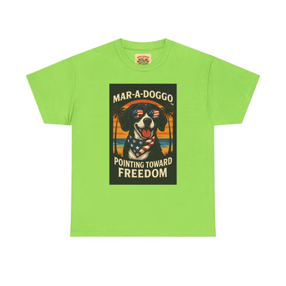 Mar-a-Doggo Tee — Patriotic Dog Graphic T-Shirt (Pointing Toward Freedom)