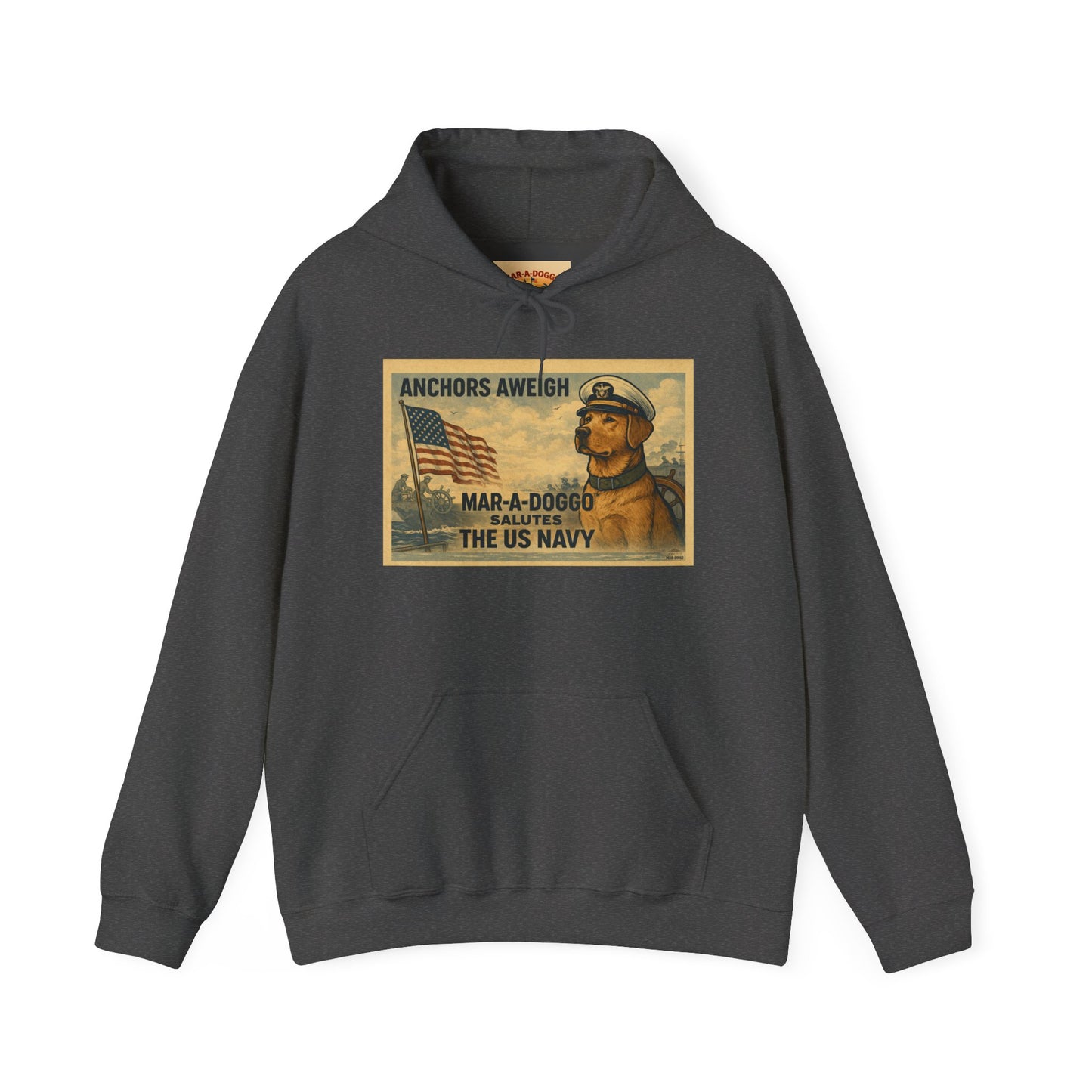 Navy Vintage 'Anchors Aweigh' Hoodie — 'Mar-A-Doggo' Retro Military Pet Design