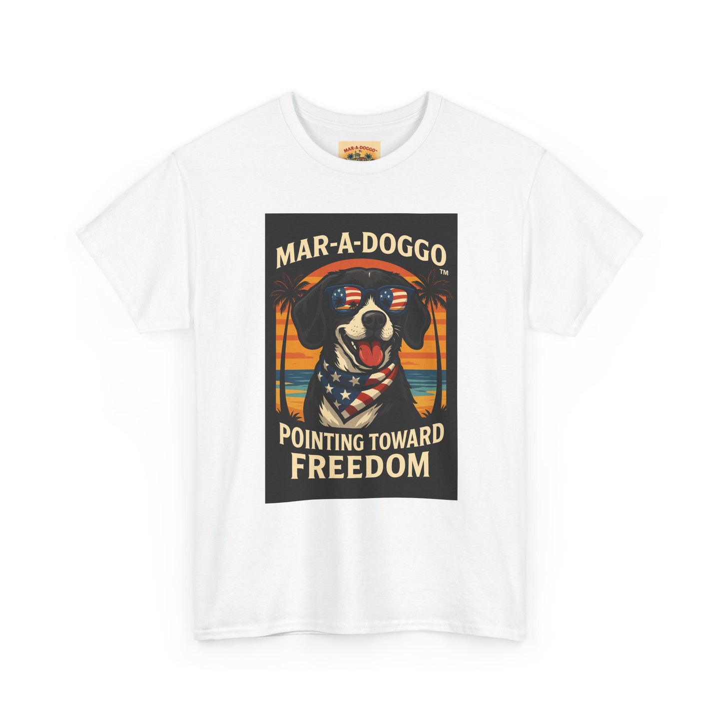 Mar-a-Doggo Tee — Patriotic Dog Graphic T-Shirt (Pointing Toward Freedom)