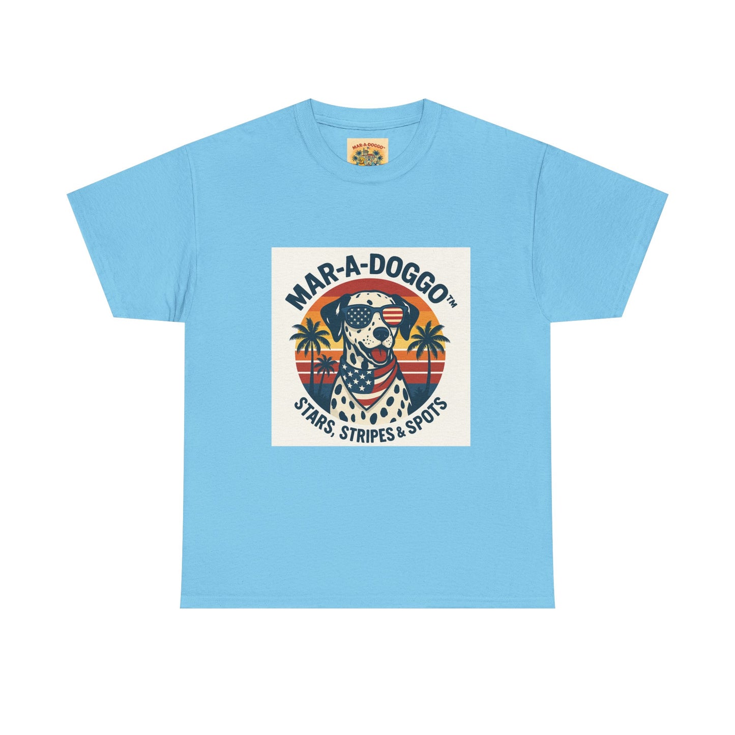 Mar-A-Doggo Retro Graphic Tee — Stars, Stripes & Spots Dog Lover T-Shirt