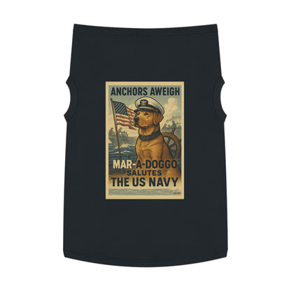 US Navy Dog Tank Top – “Anchors Aweigh / Mar-A-Doggo Salutes the US Navy” Patriotic Pet Tee