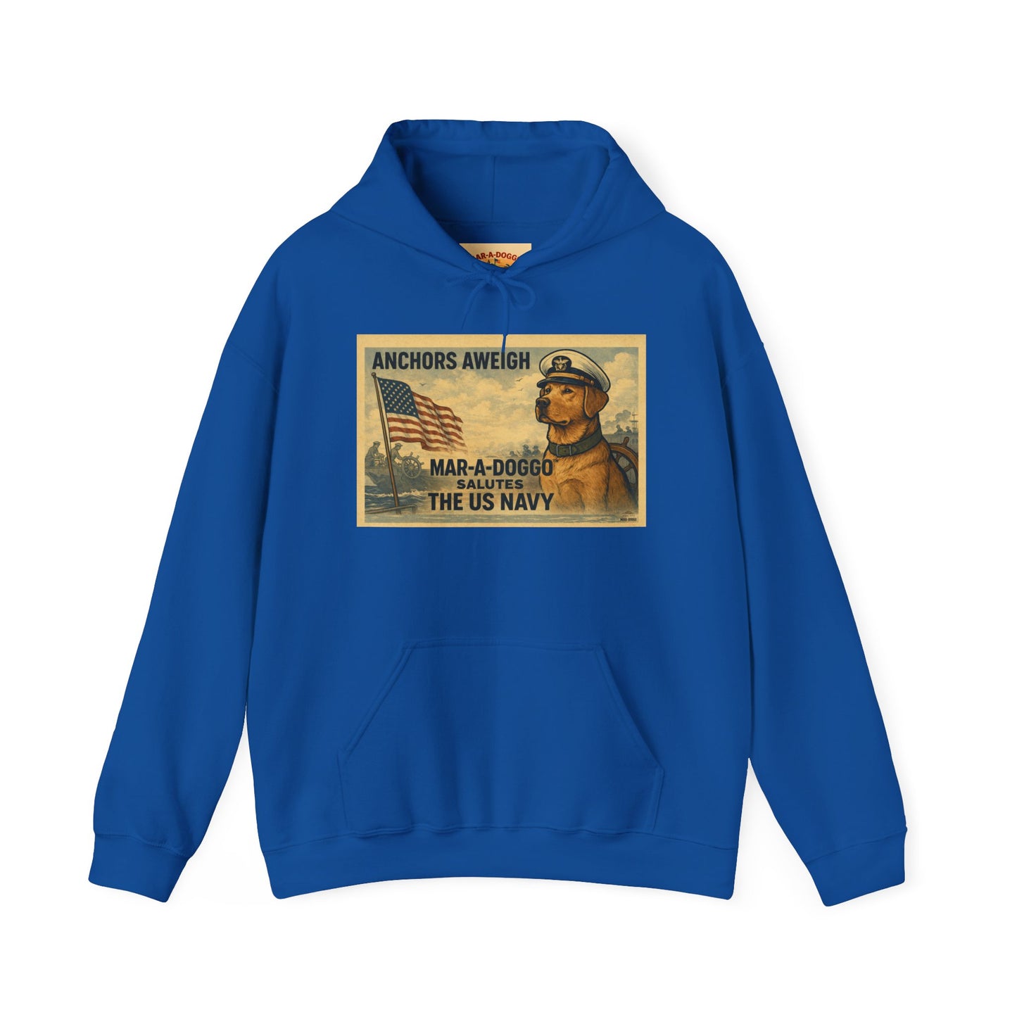 Navy Vintage 'Anchors Aweigh' Hoodie — 'Mar-A-Doggo' Retro Military Pet Design