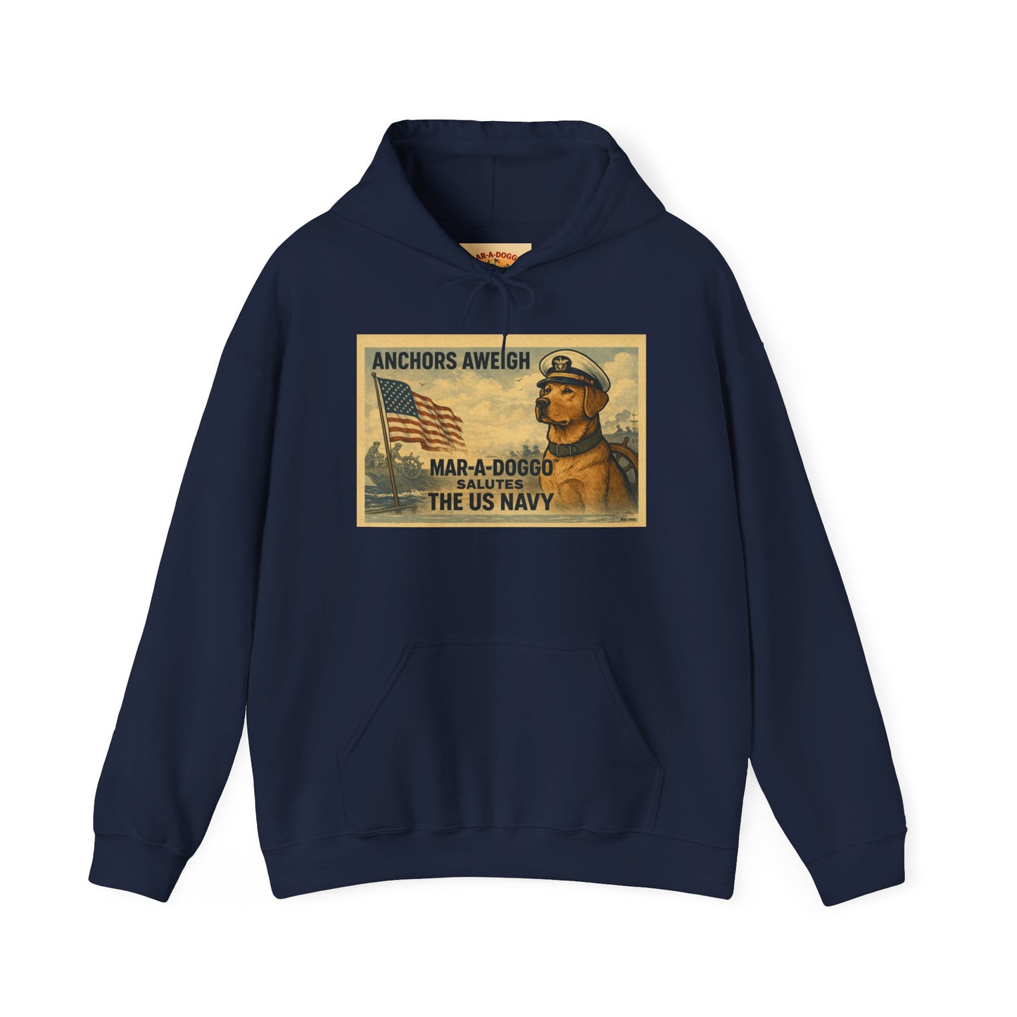 Navy Vintage 'Anchors Aweigh' Hoodie — 'Mar-A-Doggo' Retro Military Pet Design