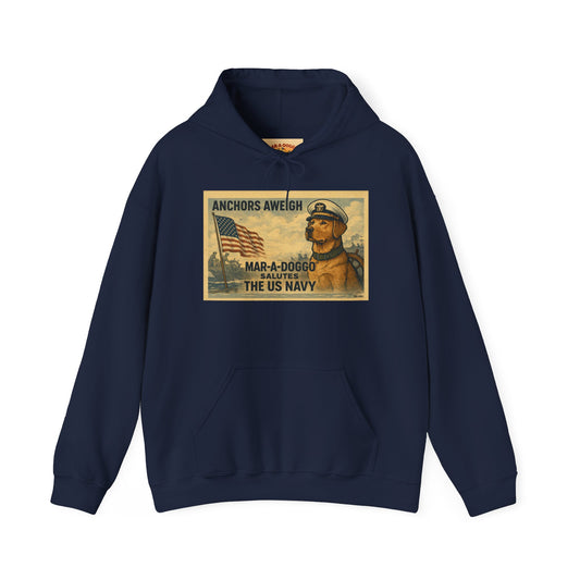 Navy Vintage 'Anchors Aweigh' Hoodie — 'Mar-A-Doggo' Retro Military Pet Design