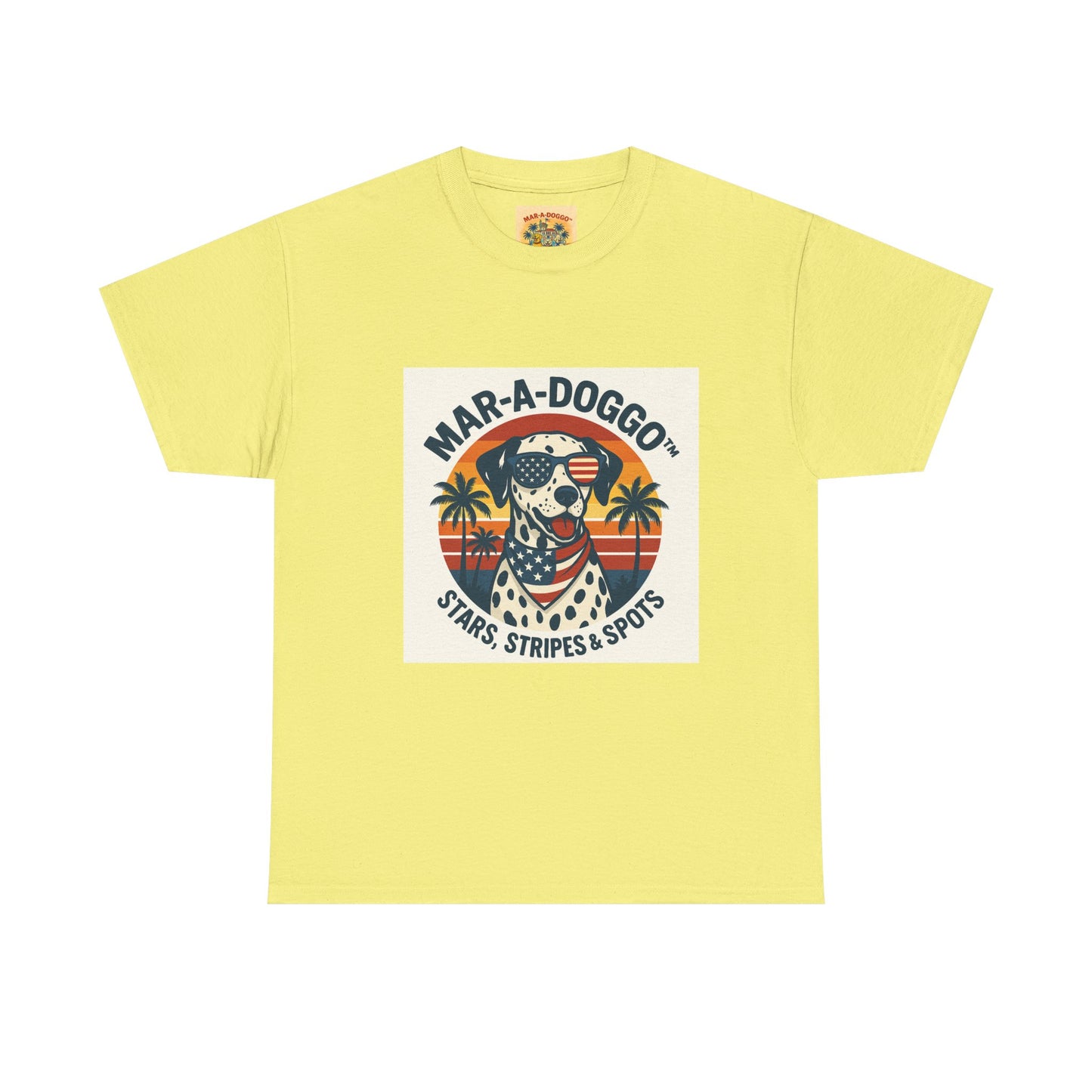 Mar-A-Doggo Retro Graphic Tee — Stars, Stripes & Spots Dog Lover T-Shirt