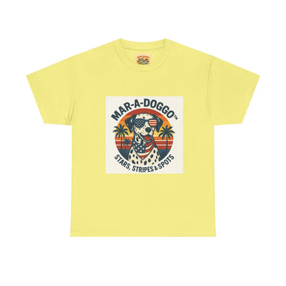 Mar-A-Doggo Retro Graphic Tee — Stars, Stripes & Spots Dog Lover T-Shirt