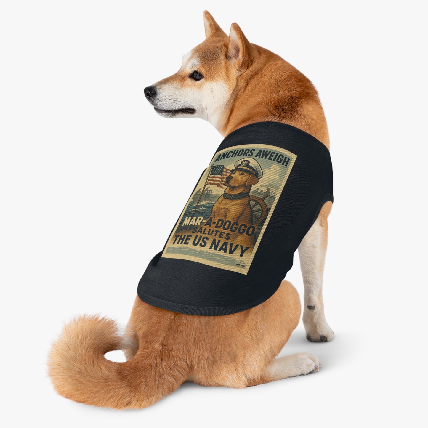 US Navy Dog Tank Top – “Anchors Aweigh / Mar-A-Doggo Salutes the US Navy” Patriotic Pet Tee