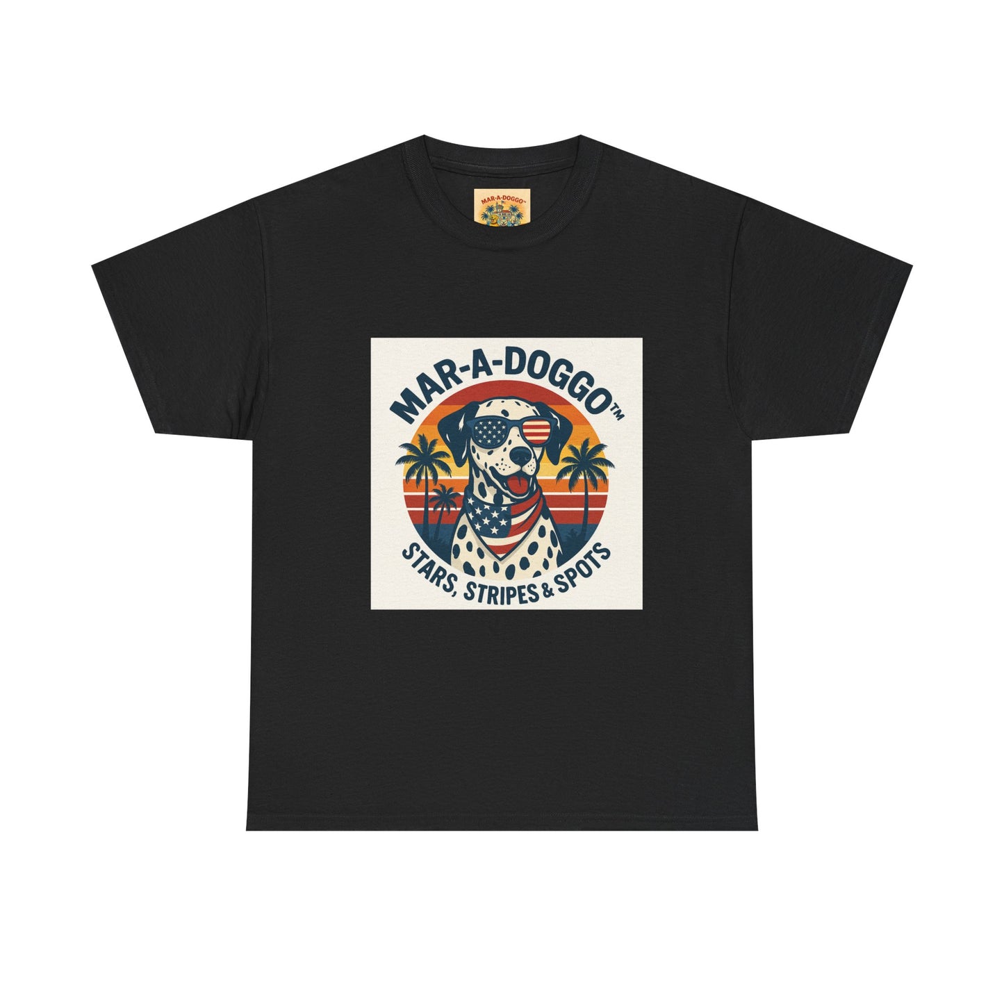 Mar-A-Doggo Retro Graphic Tee — Stars, Stripes & Spots Dog Lover T-Shirt