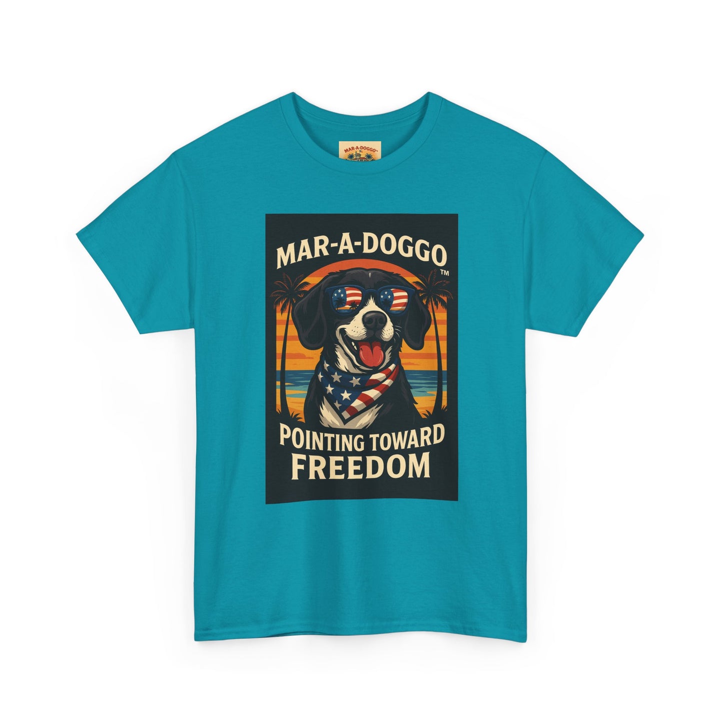 Mar-a-Doggo Tee — Patriotic Dog Graphic T-Shirt (Pointing Toward Freedom)