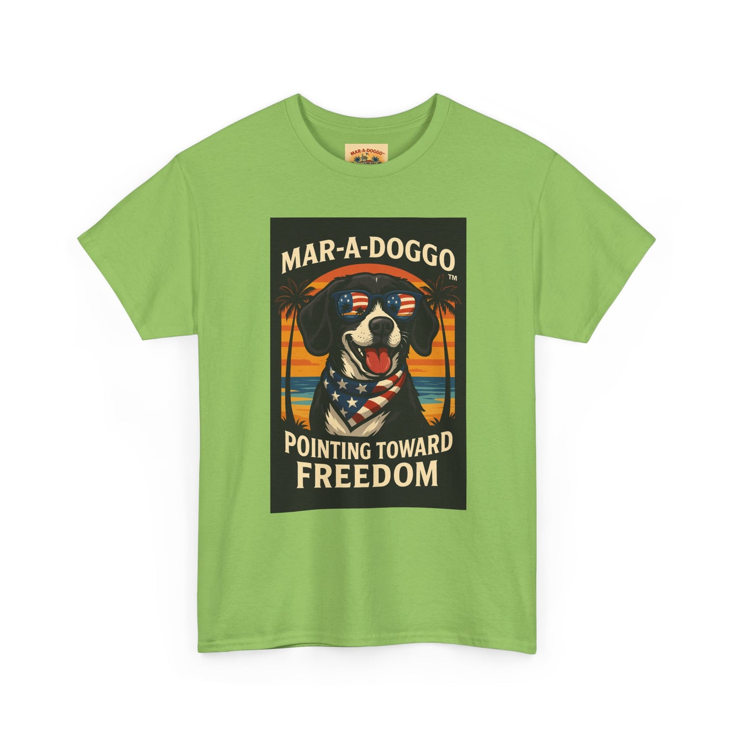 Mar-a-Doggo Tee — Patriotic Dog Graphic T-Shirt (Pointing Toward Freedom)