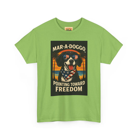 Mar-a-Doggo Tee — Patriotic Dog Graphic T-Shirt (Pointing Toward Freedom)