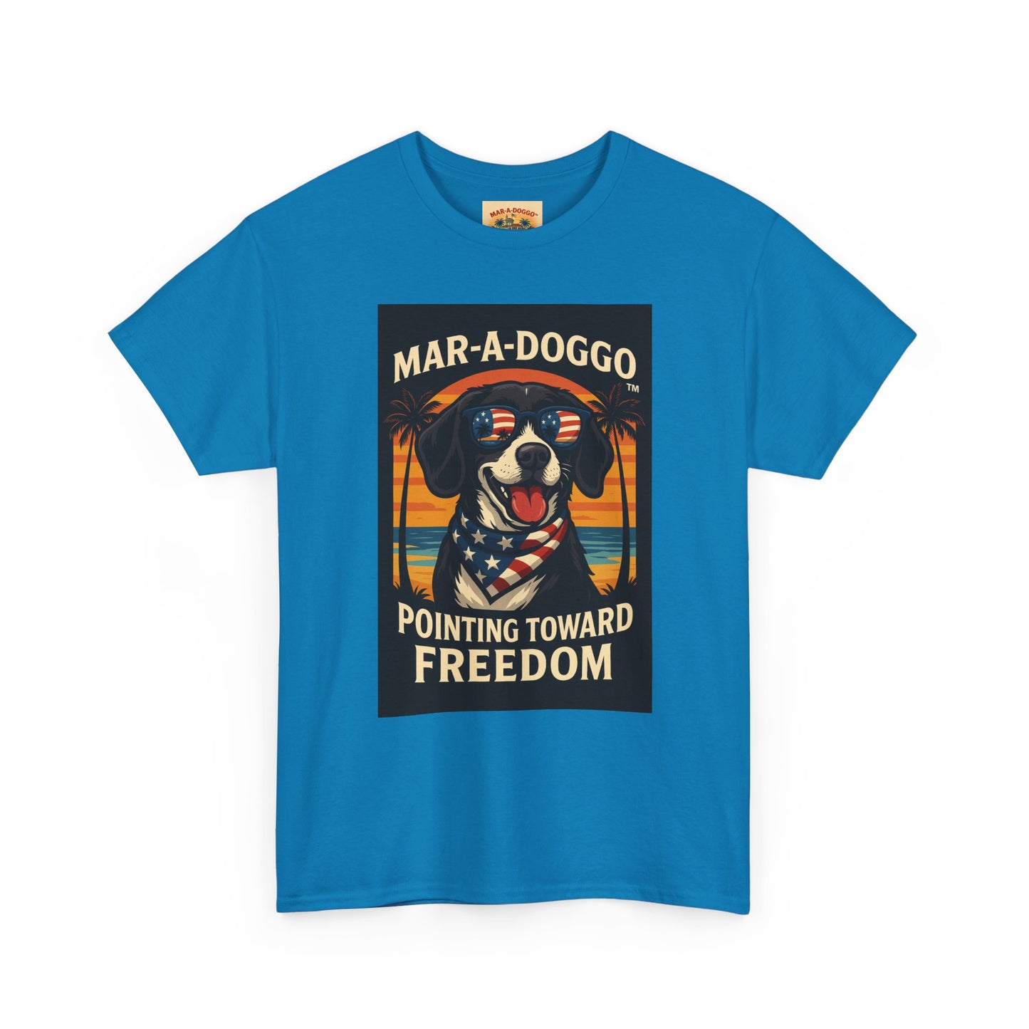 Mar-a-Doggo Tee — Patriotic Dog Graphic T-Shirt (Pointing Toward Freedom)
