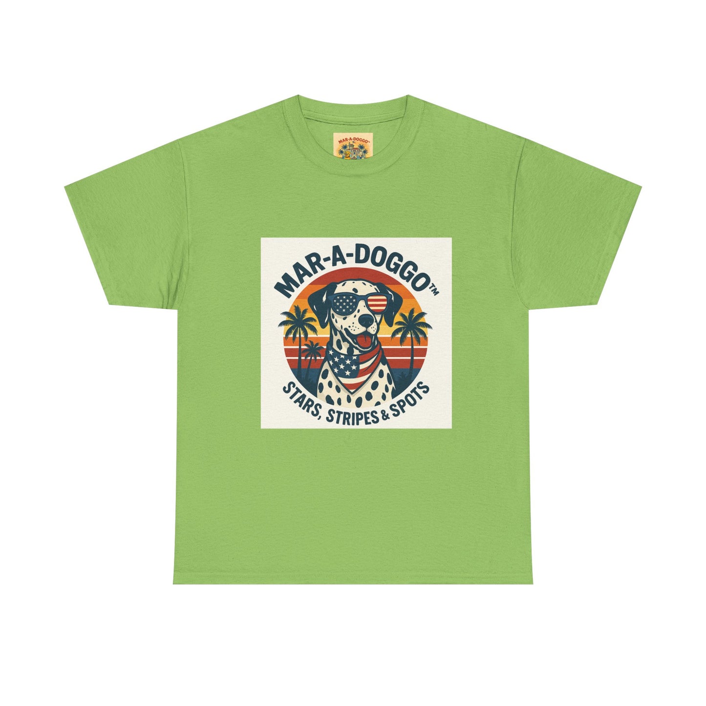 Mar-A-Doggo Retro Graphic Tee — Stars, Stripes & Spots Dog Lover T-Shirt