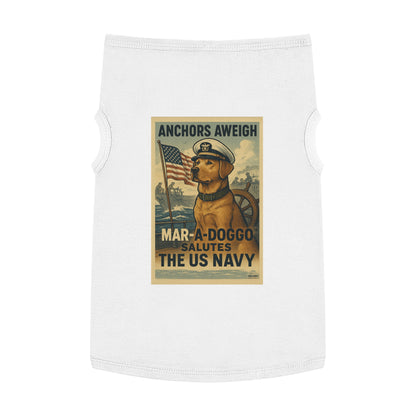 US Navy Dog Tank Top – “Anchors Aweigh / Mar-A-Doggo Salutes the US Navy” Patriotic Pet Tee