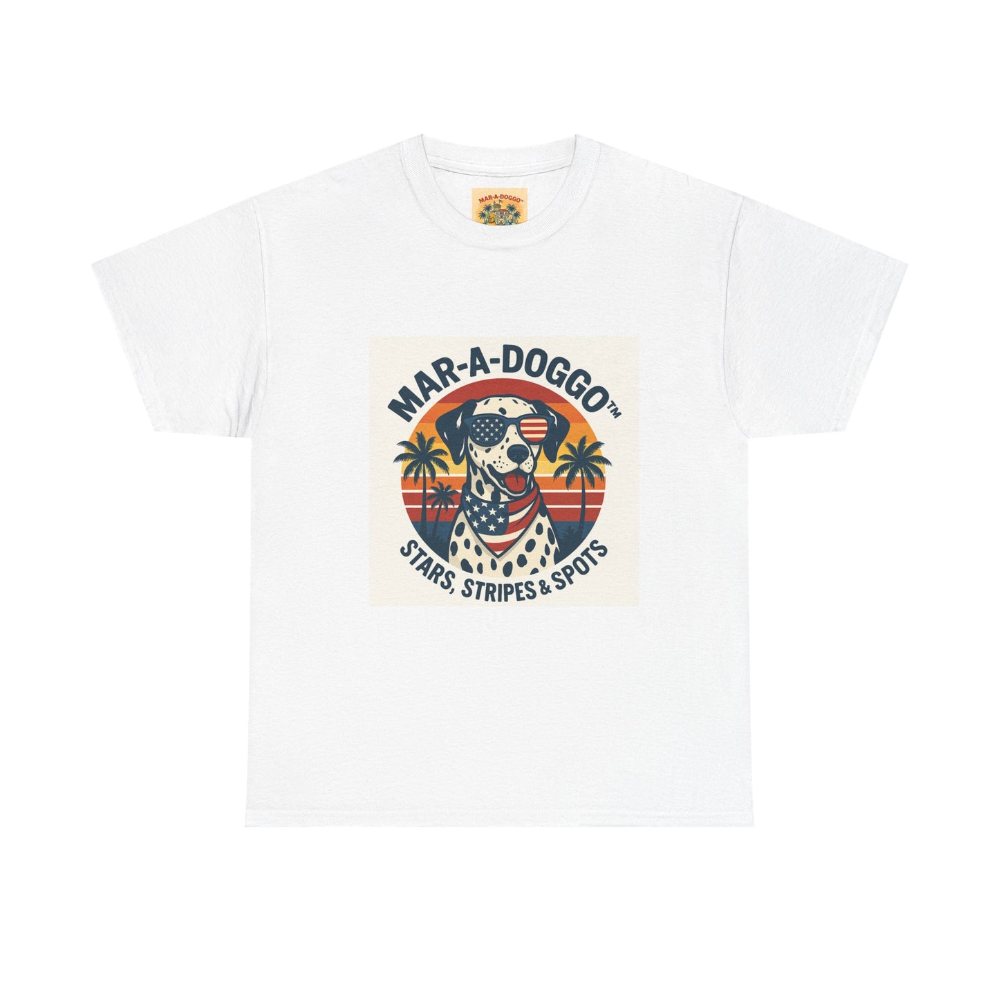 Mar-A-Doggo Retro Graphic Tee — Stars, Stripes & Spots Dog Lover T-Shirt