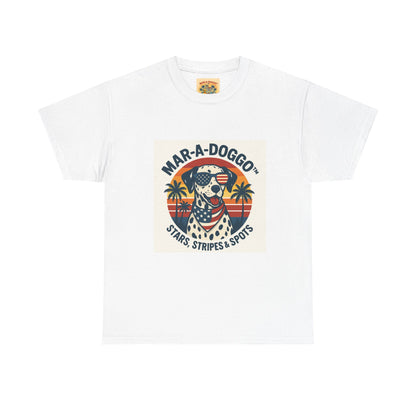 Mar-A-Doggo Retro Graphic Tee — Stars, Stripes & Spots Dog Lover T-Shirt