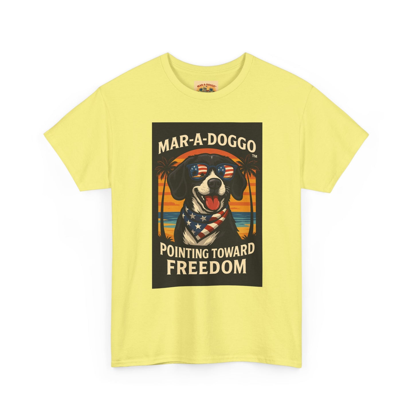 Mar-a-Doggo Tee — Patriotic Dog Graphic T-Shirt (Pointing Toward Freedom)