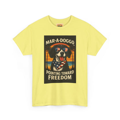 Mar-a-Doggo Tee — Patriotic Dog Graphic T-Shirt (Pointing Toward Freedom)
