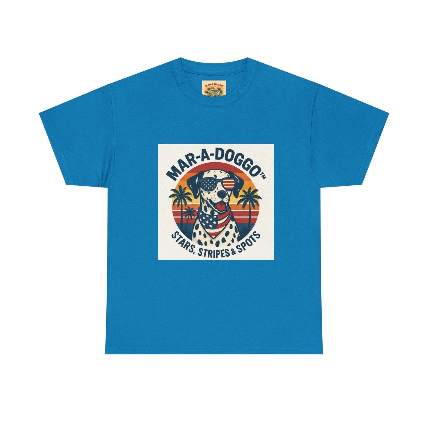 Mar-A-Doggo Retro Graphic Tee — Stars, Stripes & Spots Dog Lover T-Shirt