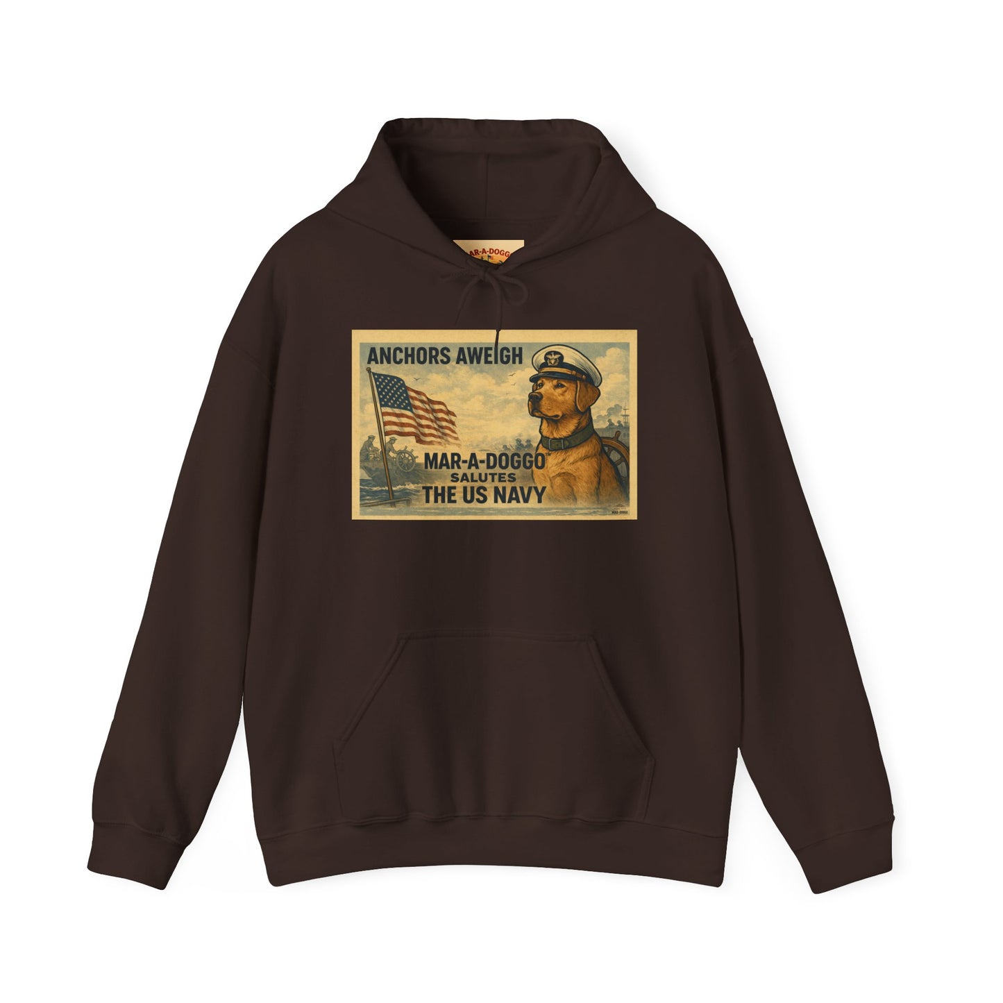 Navy Vintage 'Anchors Aweigh' Hoodie — 'Mar-A-Doggo' Retro Military Pet Design