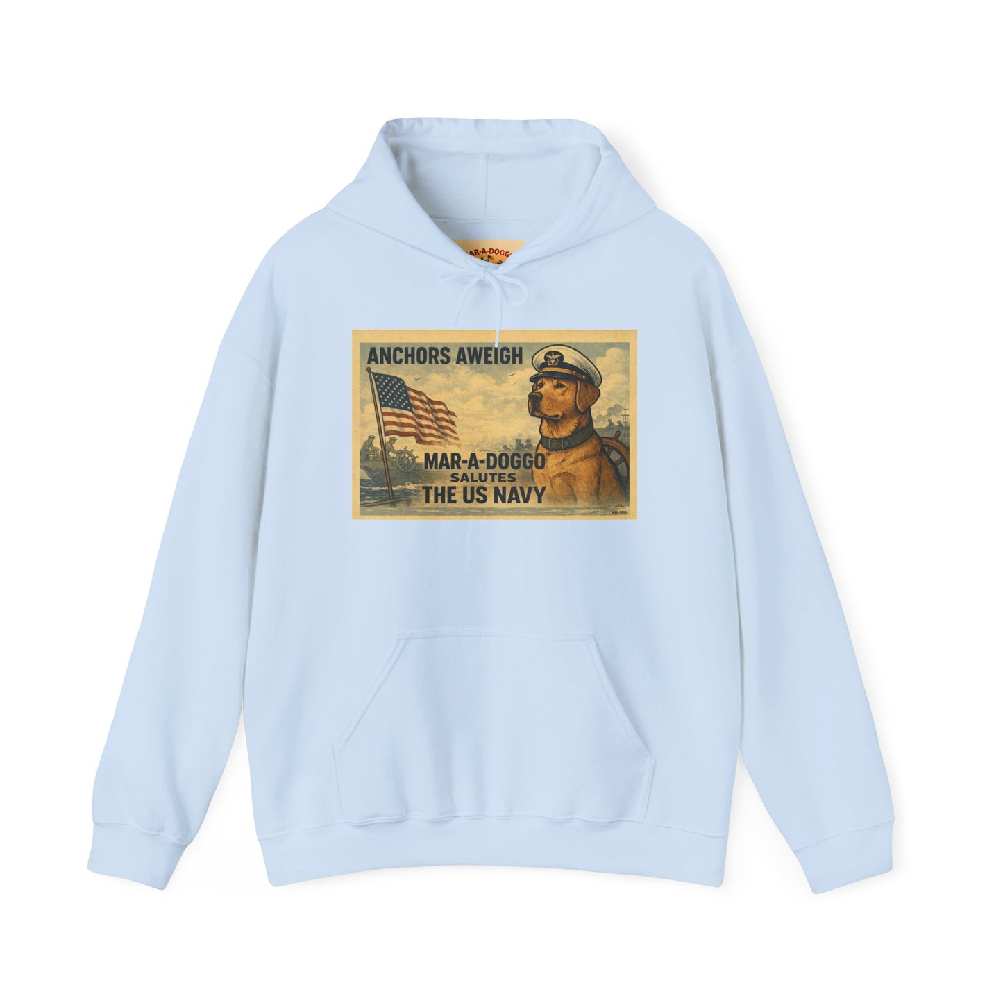 Navy Vintage 'Anchors Aweigh' Hoodie — 'Mar-A-Doggo' Retro Military Pet Design