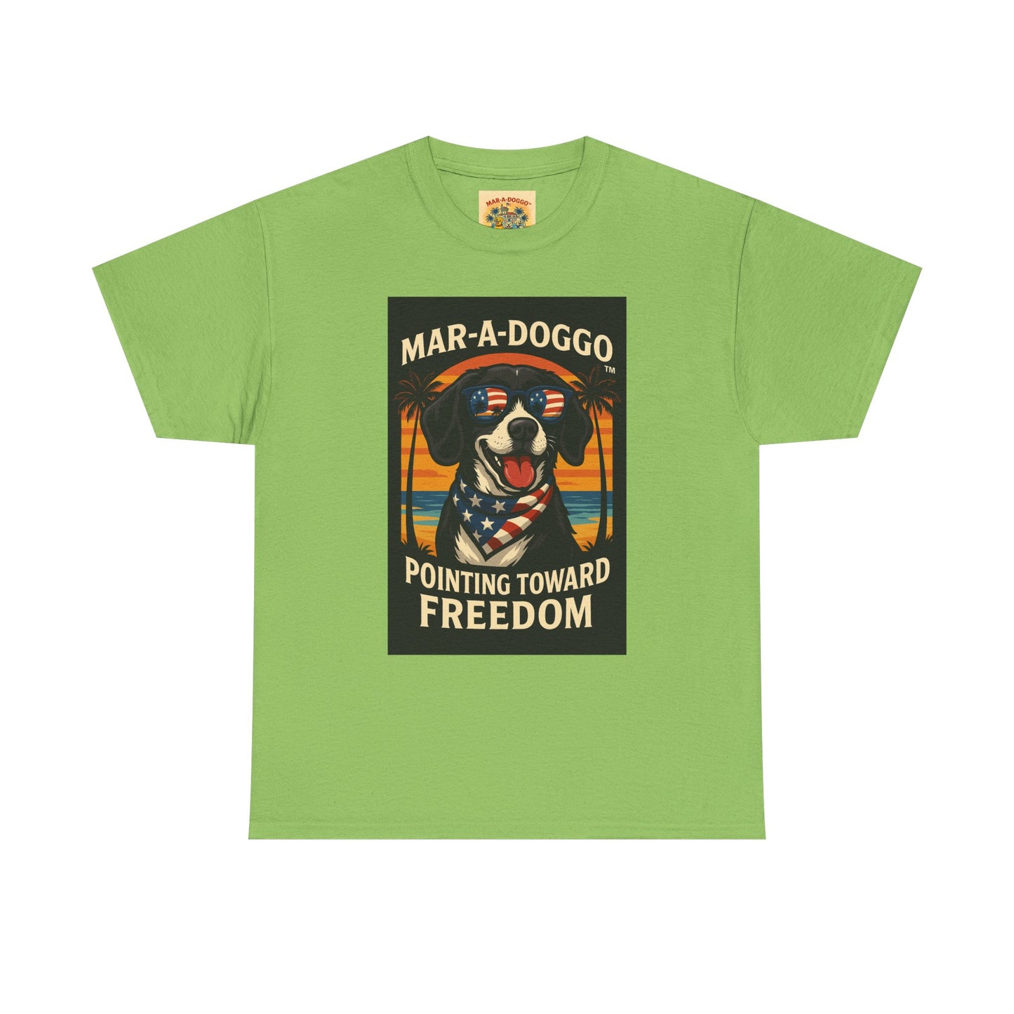 Mar-a-Doggo Tee — Patriotic Dog Graphic T-Shirt (Pointing Toward Freedom)