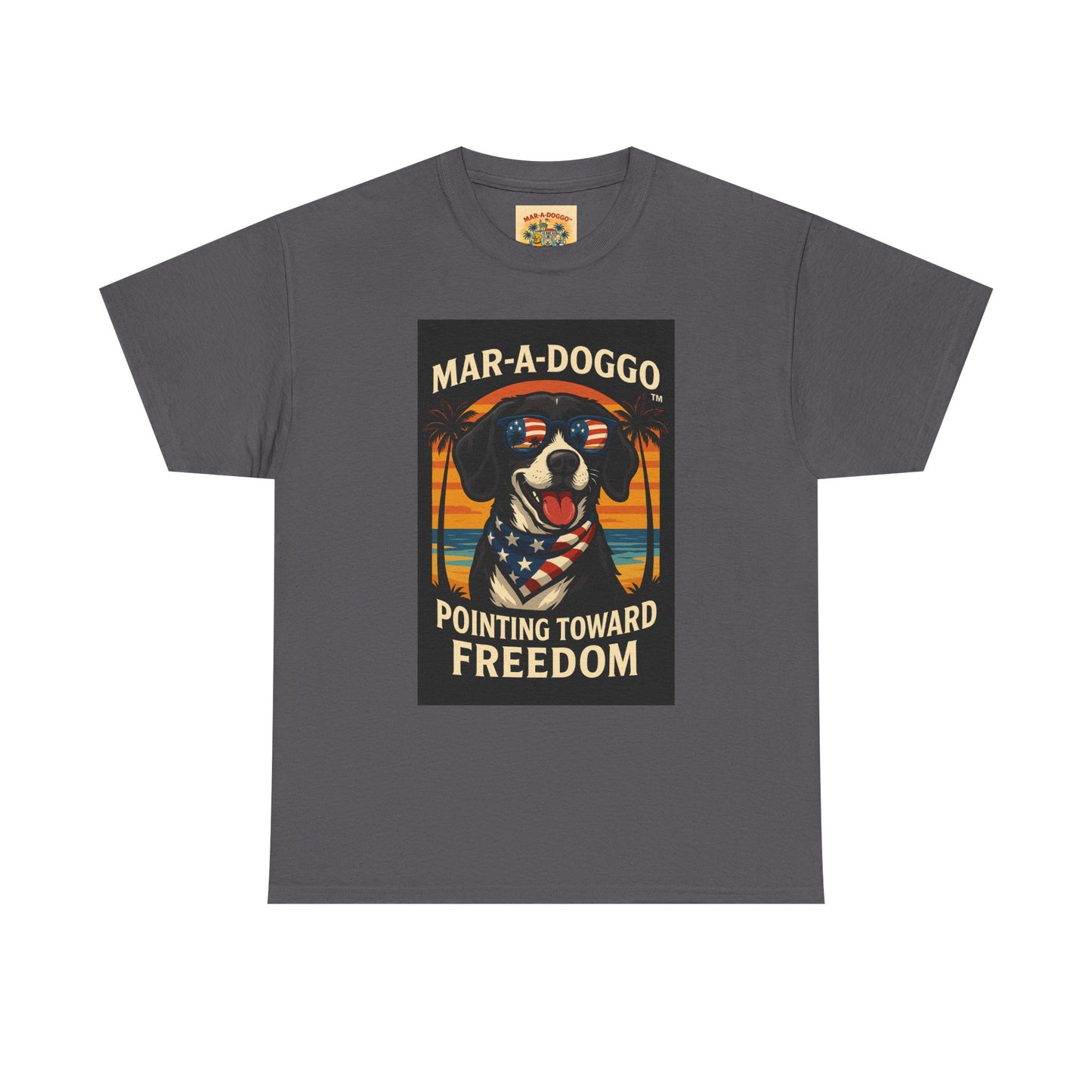 Mar-a-Doggo Tee — Patriotic Dog Graphic T-Shirt (Pointing Toward Freedom)