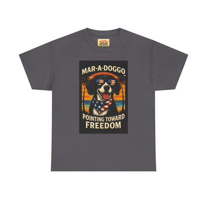Mar-a-Doggo Tee — Patriotic Dog Graphic T-Shirt (Pointing Toward Freedom)