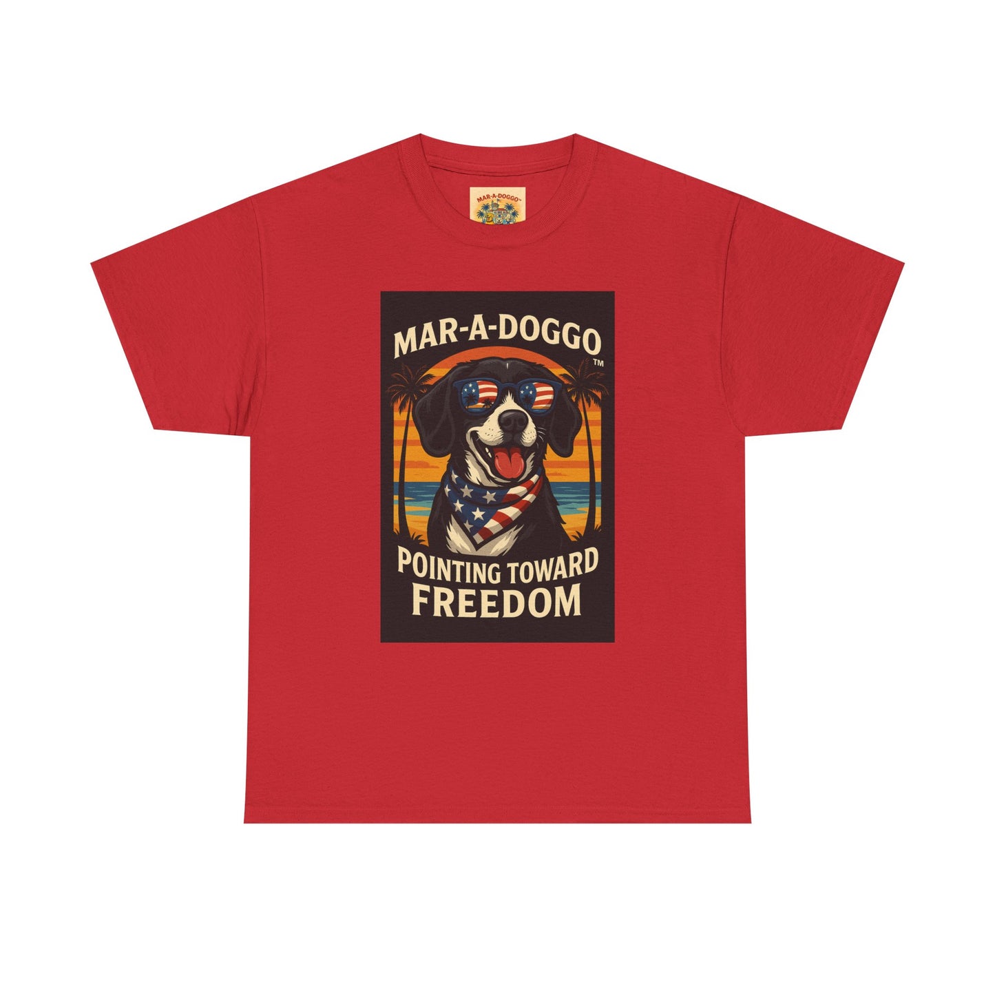 Mar-a-Doggo Tee — Patriotic Dog Graphic T-Shirt (Pointing Toward Freedom)
