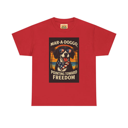 Mar-a-Doggo Tee — Patriotic Dog Graphic T-Shirt (Pointing Toward Freedom)