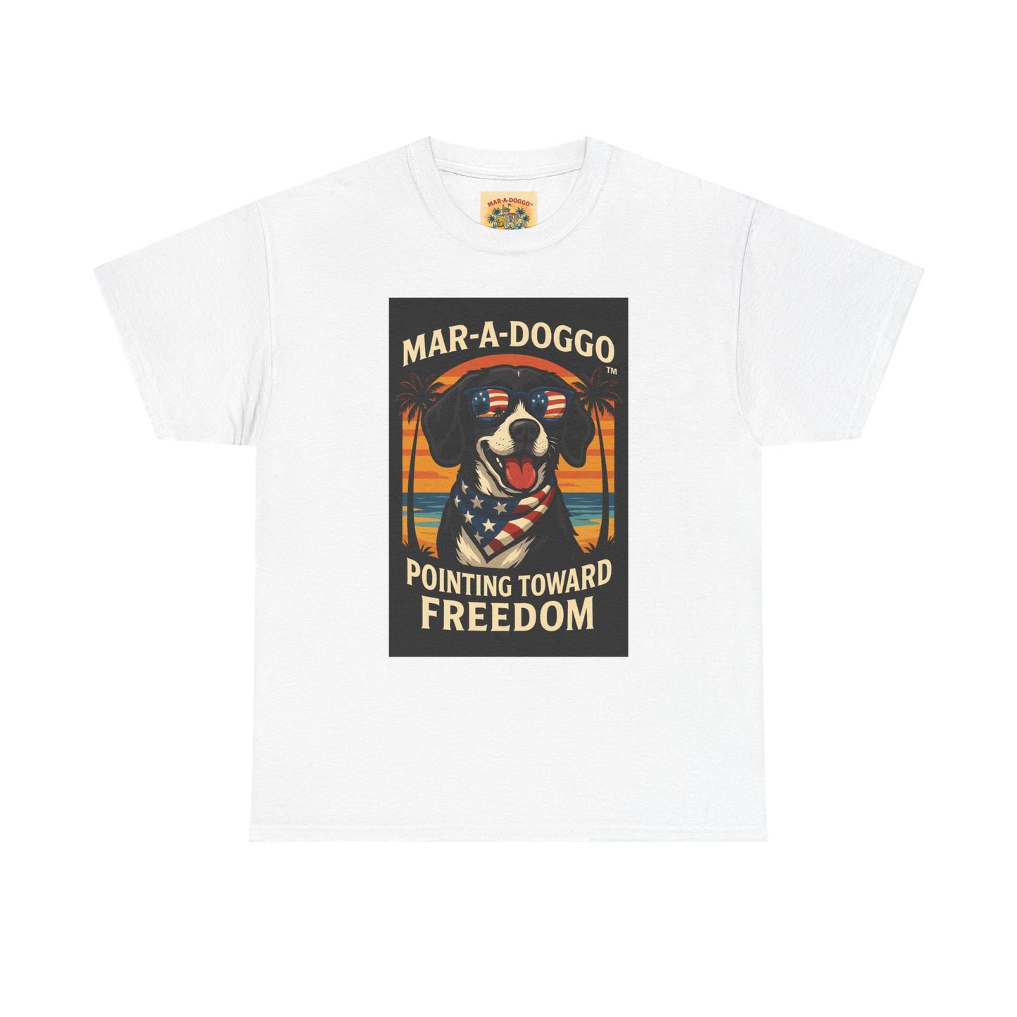 Mar-a-Doggo Tee — Patriotic Dog Graphic T-Shirt (Pointing Toward Freedom)