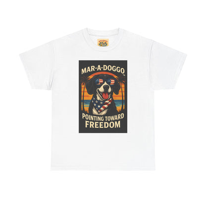 Mar-a-Doggo Tee — Patriotic Dog Graphic T-Shirt (Pointing Toward Freedom)