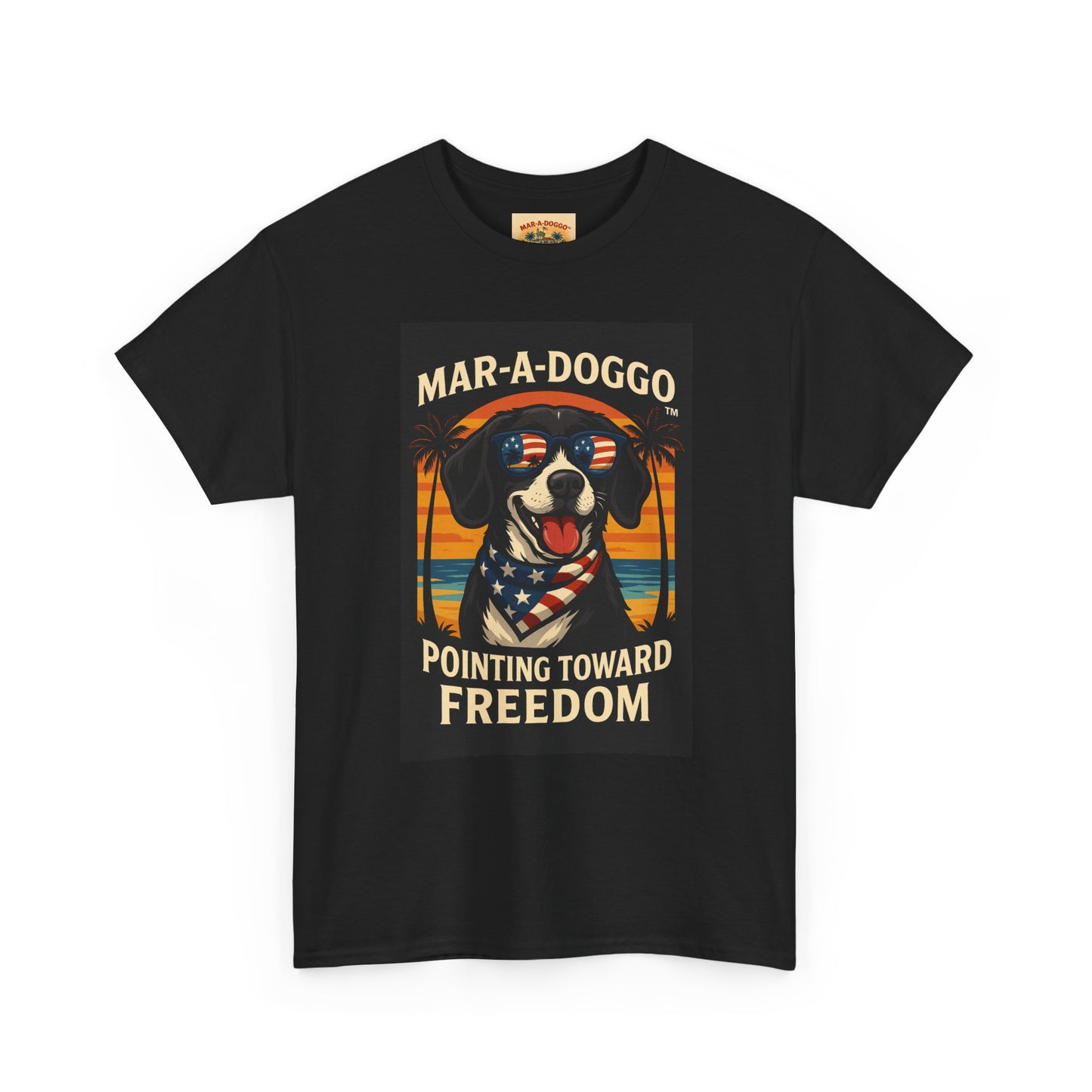 Mar-a-Doggo Tee — Patriotic Dog Graphic T-Shirt (Pointing Toward Freedom)