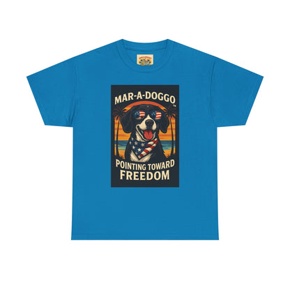 Mar-a-Doggo Tee — Patriotic Dog Graphic T-Shirt (Pointing Toward Freedom)