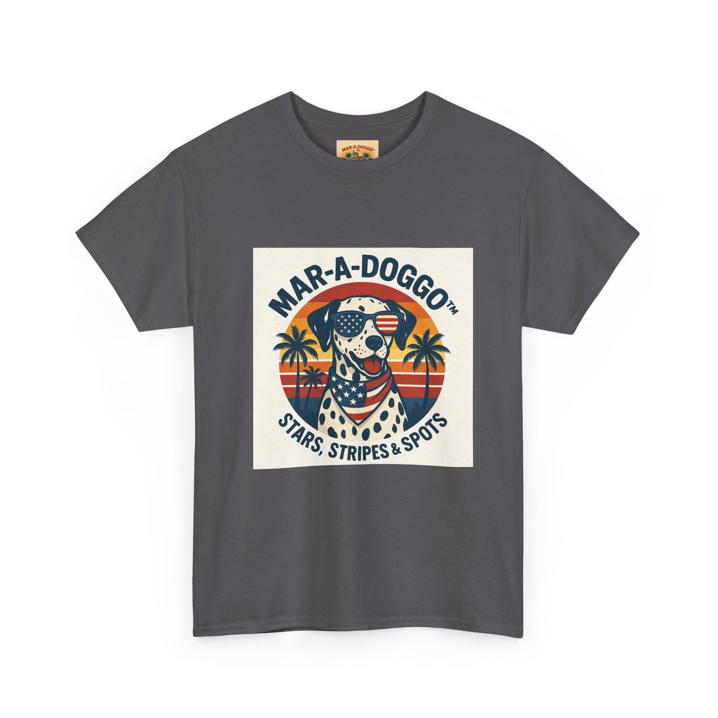 Mar-A-Doggo Retro Graphic Tee — Stars, Stripes & Spots Dog Lover T-Shirt