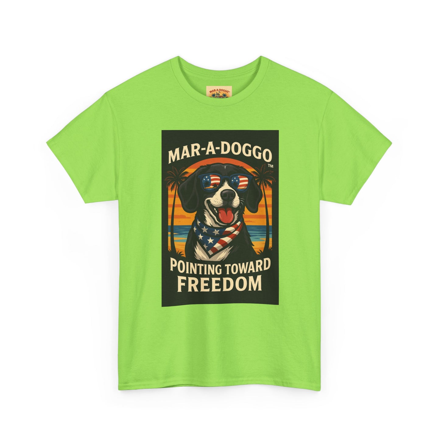 Mar-a-Doggo Tee — Patriotic Dog Graphic T-Shirt (Pointing Toward Freedom)