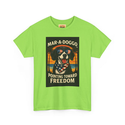Mar-a-Doggo Tee — Patriotic Dog Graphic T-Shirt (Pointing Toward Freedom)