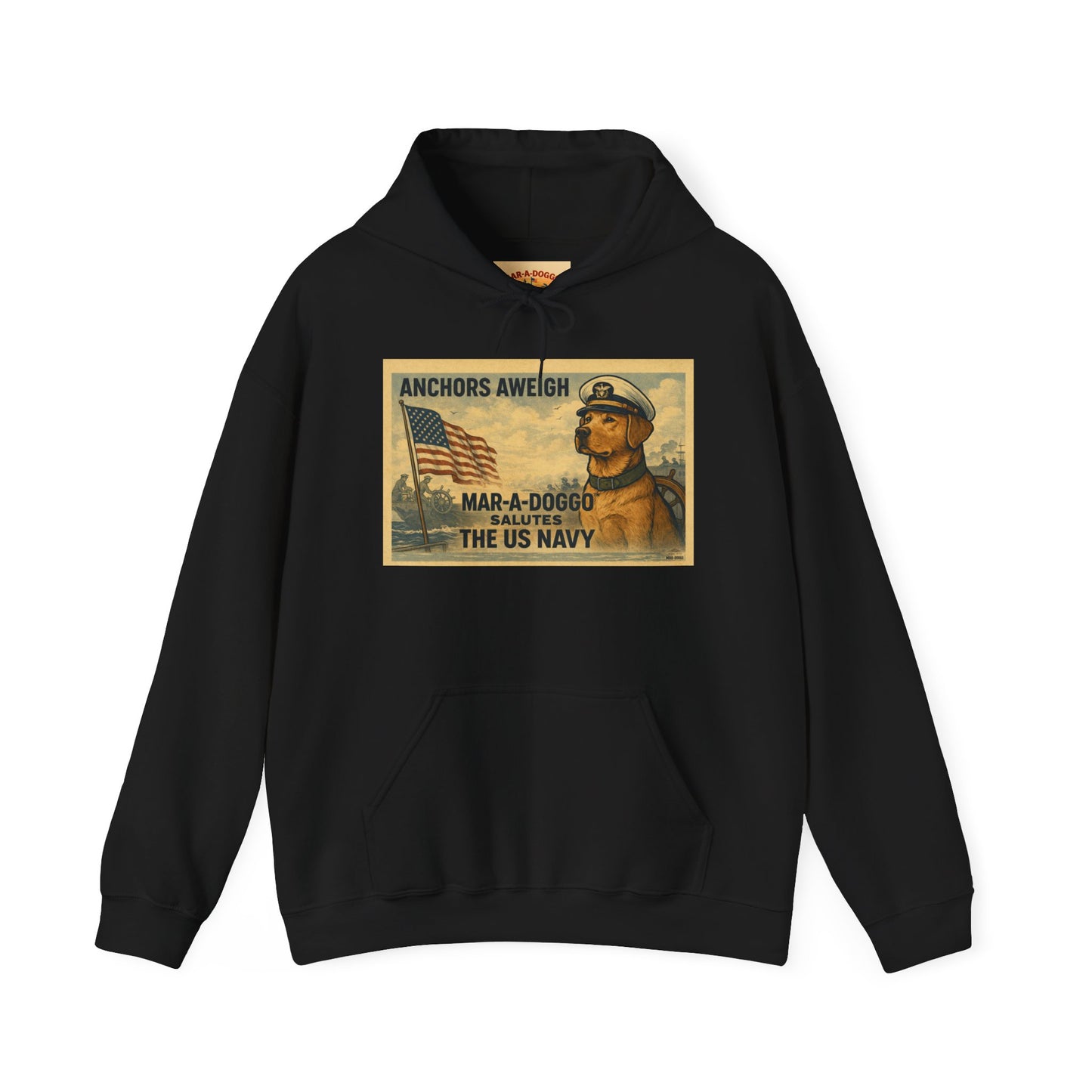 Navy Vintage 'Anchors Aweigh' Hoodie — 'Mar-A-Doggo' Retro Military Pet Design