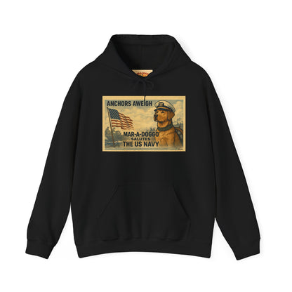 Navy Vintage 'Anchors Aweigh' Hoodie — 'Mar-A-Doggo' Retro Military Pet Design