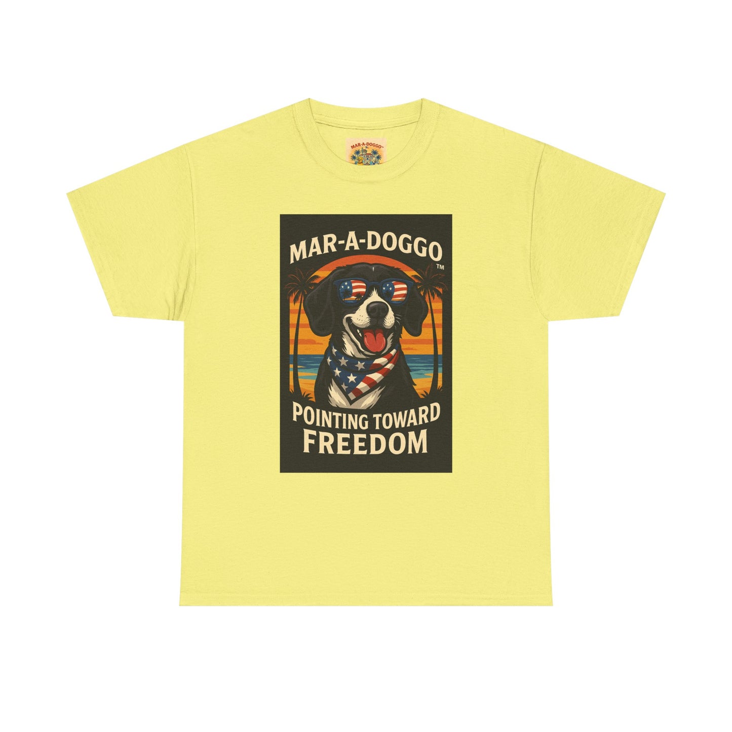 Mar-a-Doggo Tee — Patriotic Dog Graphic T-Shirt (Pointing Toward Freedom)