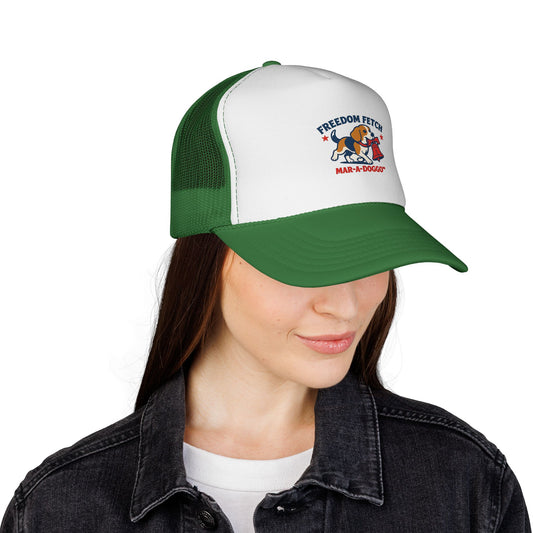 Freedom Fetch Trucker Cap — Patriotic Beagle 'Mar-A-Doggo' Mesh Hat