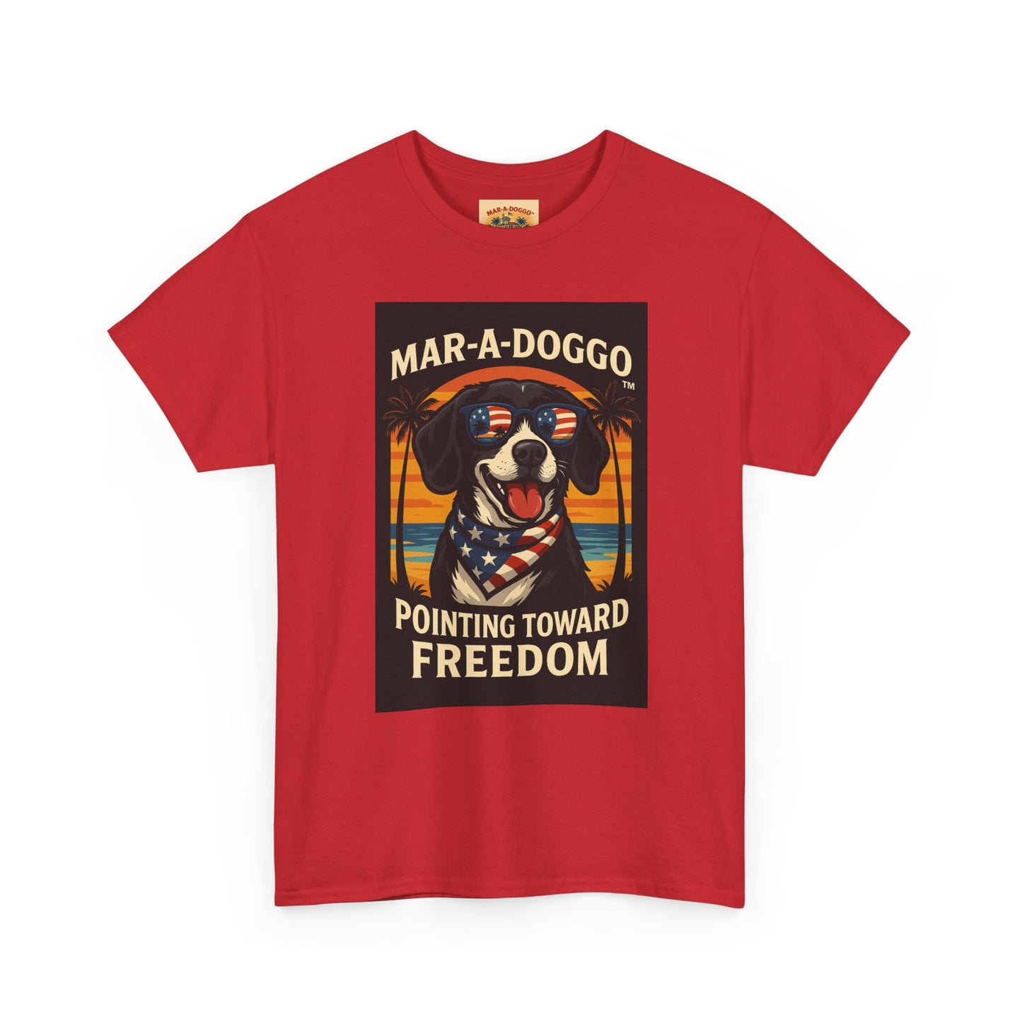 Mar-a-Doggo Tee — Patriotic Dog Graphic T-Shirt (Pointing Toward Freedom)