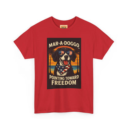 Mar-a-Doggo Tee — Patriotic Dog Graphic T-Shirt (Pointing Toward Freedom)