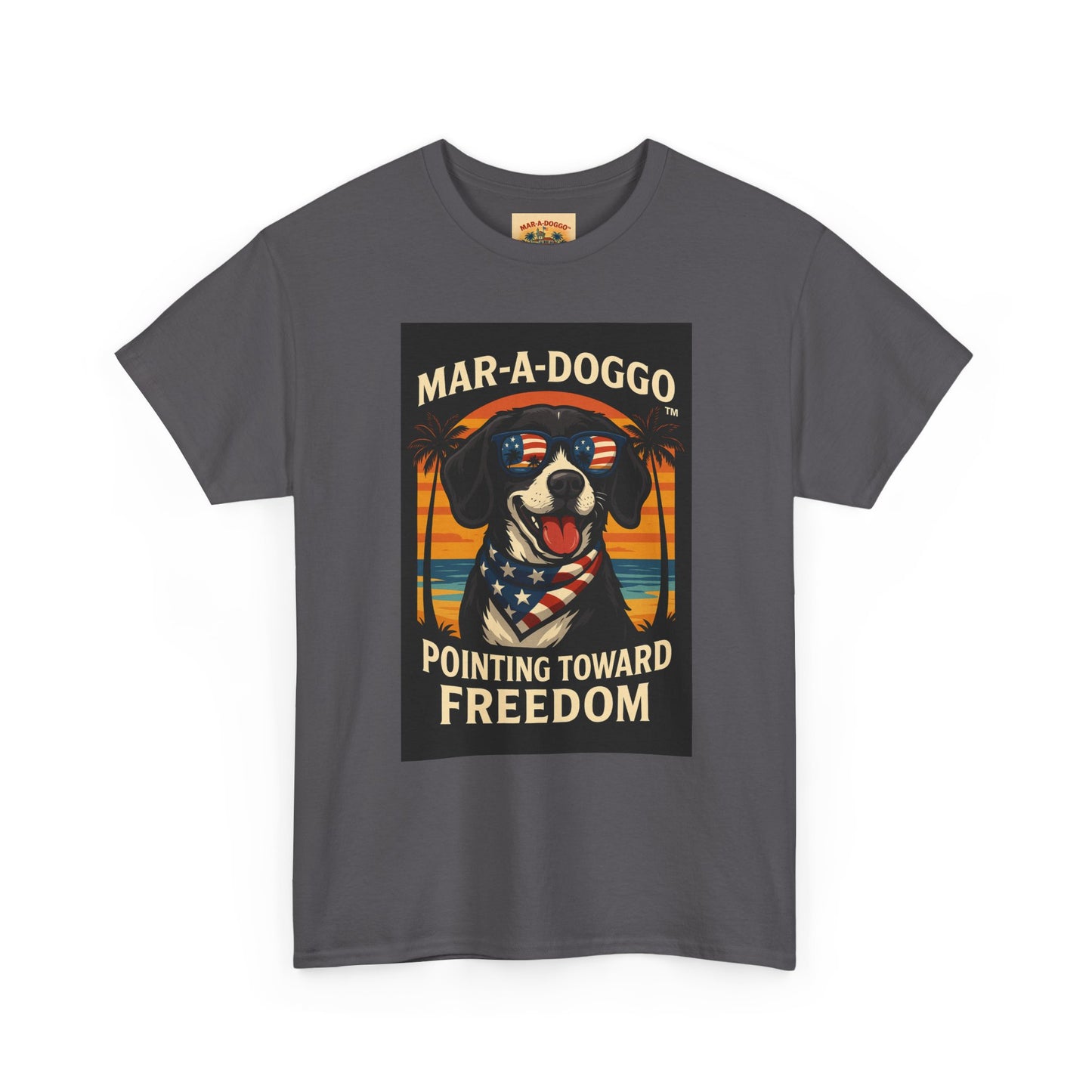 Mar-a-Doggo Tee — Patriotic Dog Graphic T-Shirt (Pointing Toward Freedom)