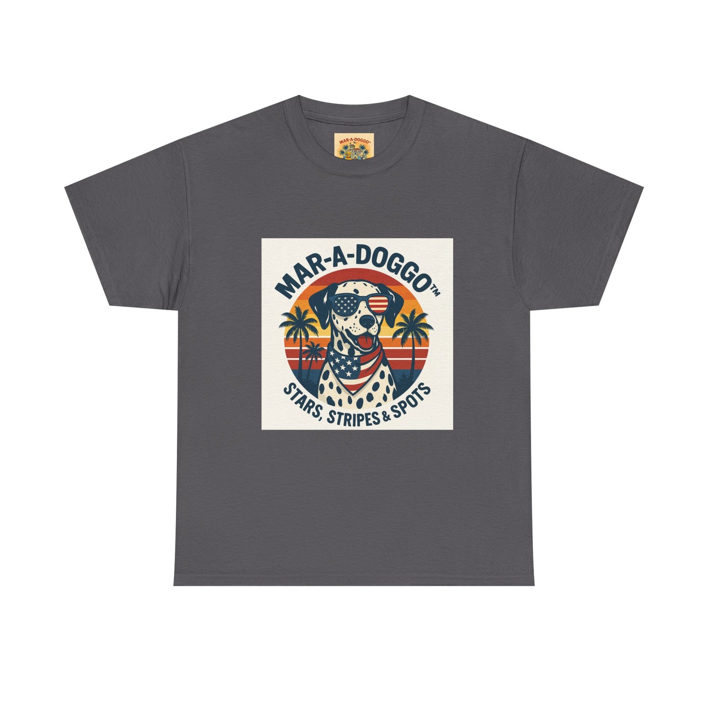 Mar-A-Doggo Retro Graphic Tee — Stars, Stripes & Spots Dog Lover T-Shirt
